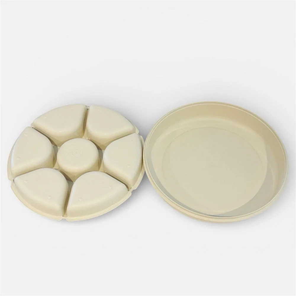 Vintage MCM Tupperware Divided‎ Party Tray w Lid & 3 Tier Stacking Stands Almond